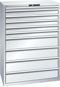 Lista Schubladenschrank, Traglast/Schubl.: 75 kg, 10 Schubl.: 1x50, 5x100, 4x200 mm, Zylinderschloss, BxTxH 1023x725x1450 mm, RAL 7035, 78.298.020
