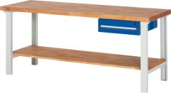 Baukastenwerkbank, Platte Buche 40 mm, 1 Schublade 150 mm, 1 Ablageboden 545 mm, BxTxH 2000x700x840 mm, RAL 7035/5010