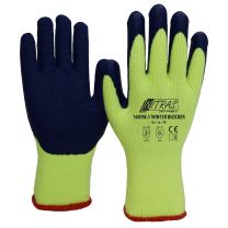 NITRAS WINTER BLOCKER 1603W, nahtlose Terry-Schlingenhandschuhe, neongelb, Latex-Beschichtung, teilbeschichtet auf Innenhand und Fingerkuppen, blau, EN 388, EN 511 - 12 Paar