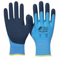 NITRAS SOFT GRIP, Polyesterhandschuhe, hellblau, mit zweifacher Beschichtung, untere Beschichtung: Latexschaum, hellblau, vollbeschichtet, obere Beschichtung: Gesandeter Latex, dunkelblau, EN 388 - Gr. 7 - 11 - 12 Paar