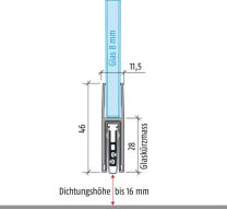 PLANET Türdichtung KG-F8 schmal 1-seitig Länge 834 mm Aluminium silberfarben eloxiert Glastüren