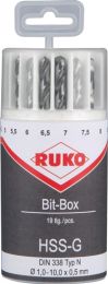 RUKO Spiralbohrersatz DIN 338 D.1-10x0,5mm HSS 19tlg.Ku.-Box