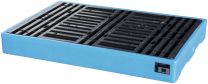 Polyethylen-Bodenschutzwanne, BxTxH 860x1260x150 mm, blau mit schwarzer PE-Palette, Auffangvolumen 150 l, Gewicht 20 kg, Traglast 1000 kg
