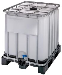 Standard-IBC-Container auf Kunststoffpalette, Einfüllöffnung NW 225, Auslaufventil NW 50, stapelbar, Volumen 1000 l, BxTxH 1200x1000x1165 mm
