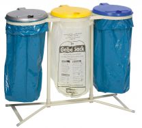 Abfallsammler 3-Fach, mit Füßen, kieselgrau,Deckel silber, gelb und blau aus Kunststoff, BxTxH 1200x500x980 mm