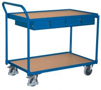 VARIOfit Tischwagen, senkrechter Schiebebügel, 2 Ladeflächen LxB 985x590 mm, 2 Schubladen, Außenmaße LxBxH 1125x625x1010 mm, Traglast 250 kg, sw-600.503