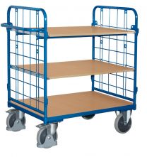 VARIOfit Etagenwagen, 2 Gitterwände, 3 Ladeflächen LxB 1000x600 mm, Außenmaße LxBxH 1185x620x1220 mm, Traglast 500 kg, sw-600.235