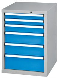 Schubladenschrank, 6 Schubladen: 2x75, 1x100, 2x150, 1x200, mm, BxTxH 578x600x840 mm, RAL 7035/5012