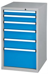 Schubladenschrank, 6 Schubladen: 1x75, 1x100, 1x125, 2x150, 1x300 mm, BxTxH 578x600x990 mm, RAL 7035/5012