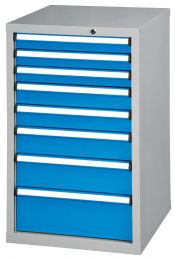 Schubladenschrank, 8 Schubladen: 3x75, 2x100, 1x125, 1x150, 1x200 mm, BxTxH 578x600x990 mm, RAL 7035/5012