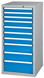 Schubladenschrank, 10 Schubladen: 3x75, 4x100, 2x150, 1x200 mm, BxTxH 578x600x1215 mm, RAL 7035/5012