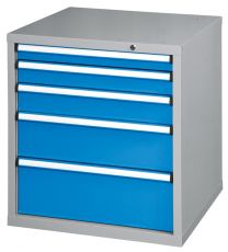 Schubladenschrank, 5 Schubladen: 1x75, 1x100, 1x125, 1x200, 1x250 mm, BxTxH 731x753x840 mm, RAL 7035/5012