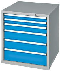 Schubladenschrank, 6 Schubladen: 2x75, 1x100, 2x150, 1x200 mm, BxTxH 731x753x840 mm, RAL 7035/5012