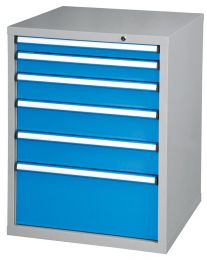 Schubladenschrank, 6 Schubladen: 1x75, 1x100, 1x125, 2x150, 1x300, BxTxH 731x753x990 mm, RAL 7035/5012