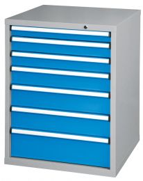 Schubladenschrank, 7 Schubladen: 1x75, 2x100, 1x125, 2x150, 1x200 mm, BxTxH 731x753x990 mm, RAL 7035/5012