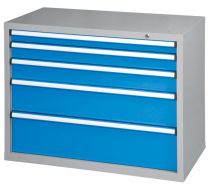Schubladenschrank, 5 Schubladen: 1x75, 1x100, 1x125, 1x200, 1x250 mm, BxTxH 1037x600x840 mm, RAL 7035/5012