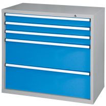 Schubladenschrank, 5 Schubladen: 3x100, 2x300 mm, BxTxH 1037x600x990 mm, RAL 7035/5012