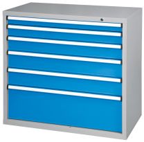 Schubladenschrank, 6 Schubladen: 1x75, 1x100, 1x125, 2x150, 1x300 mm, BxTxH 1037x600x990 mm, RAL 7035/5012