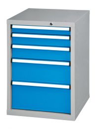 Schubladenschrank, 5 Schubladen: 1x75, 1x100, 1x125, 1x200, 1x250 mm, BxTxH 578x600x840 mm, RAL 7035/5012