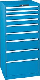 Lista Schubladenschrank, Traglast/Schubl.: 75 kg, 9 Schubl.: 2x75, 2x100, 2x150, 2x200, 1x300 mm, Zylinderschloss, BxTxH 717x725x1450 mm, RAL 5012, 78.309.010