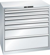 Lista Schubladenschrank, Traglast/Schubl.: 75 kg, 7 Schubl.: 1x50, 2x75, 2x100, 1x200, 1x300 mm, Zylinderschloss, BxTxH 1023x725x1000 mm, RAL 7035, 78.292.020