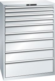 Lista Schubladenschrank, Traglast/Schubl.: 75 kg, 9 Schubl.: 2x75, 2x100, 2x150, 2x200, 1x300 mm, Zylinderschloss, BxTxH 1023x725x1450 mm, RAL 7035, 78.296.020