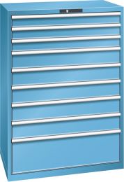 Lista Schubladenschrank, Traglast/Schubl.: 75 kg, 9 Schubl.: 3x100, 5x150, 1x300 mm, Zylinderschloss, BxTxH 1023x725x1450 mm, RAL 5012, 78.297.010