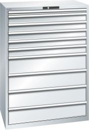Lista Schubladenschrank, Traglast/Schubl.: 75 kg, 10 Schubl.: 1x50, 5x100, 4x200 mm, Zylinderschloss, BxTxH 1023x725x1450 mm, RAL 7035, 78.298.020
