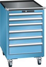 Lista Schubladenschrank, Traglast/Schubl.: 75 kg, fahrbar 6 Schubladen: 2x75, 3x100, 150 mm, Zylinderschloss, BxTxH 564x572x890 mm, RAL 7035, 14.245.020
