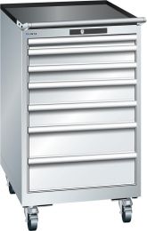 Lista Schubladenschrank, Traglast/Schubl.: 75 kg, fahrbar, 7 Schubladen: 50, 2x75, 2x100, 2x150 mm, Zylinderschloss, BxTxH 564x725x990 mm, RAL 7035, 14.372.020