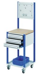 Workstation fahrbar, Arbeitplatte Buche-Multiplex, Schitzplatte, 3 Schubladen je 100 mm hoch, BxTxH 500x500x1730 mm, RAL 7035/5010