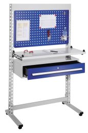 QM-Station, stationär, inkl. Infotafel, Metallablage, Schublade, Infoblende, Gleiter, BxTxH 1070x620x1710 mm, RAL 7035/5010