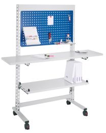 QM-Station, fahrbar, inkl. Infotafel, Metallablage, Arbeitsplatte, Infoblende, Lenkrollen, BxTxH 1600x620x1770 mm