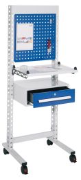 QM-Station, fahrbar, inkl. Infotafel, Metallablage, Schublade schmal, Infoblende, Lenkrollen BxTxH 670x620x1770 mm