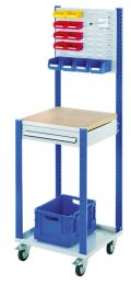 Workstation fahrbar, Arbeitplatte Buche-Multiplex, Schlitzplatte, 1 Schublade 100 mm hoch, BxTxH 500x500x1730 mm, RAL 7035/5010