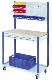Workstation fahrbar, Arbeitplatte Buche-Multiplex, Schlitzplatte, 1 Schublade 100 mm hoch, BxTxH 1000x500x1730 mm, RAL 7035/5010