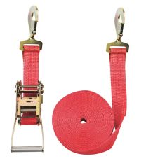 Zweiteiliger Zurrgurt, mit gedr. Karabinerhaken, 5000 daN zul. Zugkraft in der Umr., Gurtbr. 50 mm, Länge 6 m, Farbe rot, 5 Streifen, VE 2 Stück