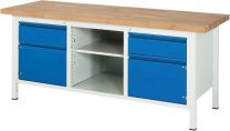 Werkbank, BxTxH 2000x700x840 mm, Platte Buche 40 mm mit Deckfunier, 2 Schubladen 180 mm, 2 Türen 360 mm, 1 Fachboden, RAL 7035/5010