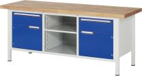 Werkbank, BxTxH 2000x700x840 mm, 2 Schubladen 180 mm, 2 Türen 360 mm, 1 Boden, Platte Buche 40 mm, RAL 7035/5010