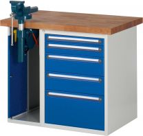 Baukastenwerkbank, Platte Buche 40 mm, 5 Schubladen: 60,90, 2x150, 270 mm, 1 Schrank. m. Schraubstock, BxTxH 1000x700x840 mm, RAL 7035/5010