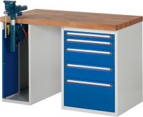 Baukastenwerkbank, Platte Buche 40 mm, 5 Schubladen: 60,90, 2x150, 270 mm, 1 Schrank. m. Schraubstock, BxTxH 1250x700x840 mm, RAL 7035/5010