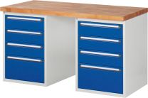 Baukastenwerkbank, Platte Buche 40 mm, 2 Blöcke, 8 Schubladen: je 3x150, 1x270 mm, BxTxH 1500x700x840 mm, RAL 7035/5010