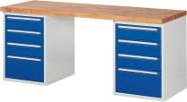 Baukastenwerkbank, Platte Buche 40 mm, 2 Blöcke, 8 Schubladen: je 3x150, 1x270 mm, BxTxH 2000x700x840 mm, RAL 7035/5010