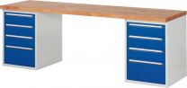 Baukastenwerkbank, Platte Buche 40 mm, 2 Blöcke, 8 Schubladen: je 3x150, 1x270 mm, BxTxH 2500x700x840 mm, RAL 7035/5010