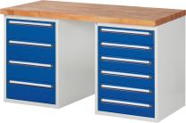 Baukastenwerkbank, Platte Buche 40 mm, 2 Blöcke, 10 Schubladen: je 3x120, 2x180 mm, BxTxH 1500x700x840 mm, RAL 7035/5010