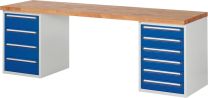 Baukastenwerkbank, Platte Buche 40 mm, 2 Blöcke, 10 Schubladen: je 3x120, 2x180 mm, BxTxH 2500x700x840 mm, RAL 7035/5010