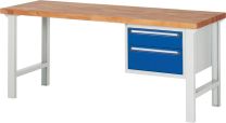 Baukastenwerkbank, Platte Buche 40 mm, 2 Schubladen: 1x150, 1x210 mm, BxTxH 2000x700x840 mm, RAL 7035/5010