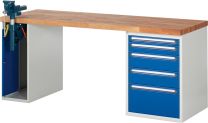 Baukastenwerkbank, Platte Buche 40 mm, 5 Schubladen: 1x60,1x90, 2x150, 1x270 mm, 1 Schraubstockschr. m. Schraubstock, BxTxH 2000x700x840 mm