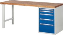 Baukastenwerkbank, Platte Buche 40 mm, 5 Schubladen: 1x60, 1x90 mm, 2x150 mm, 1x270 mm, BxTxH 2000x700x840 mm, RAL 7035/5010