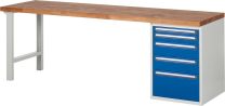 Baukastenwerkbank, Platte Buche 40 mm, 5 Schubladen: 1x60, 1x90, 2x150, 1x270 mm, BxTxH 2500x700x840 mm, RAL 7035/5010